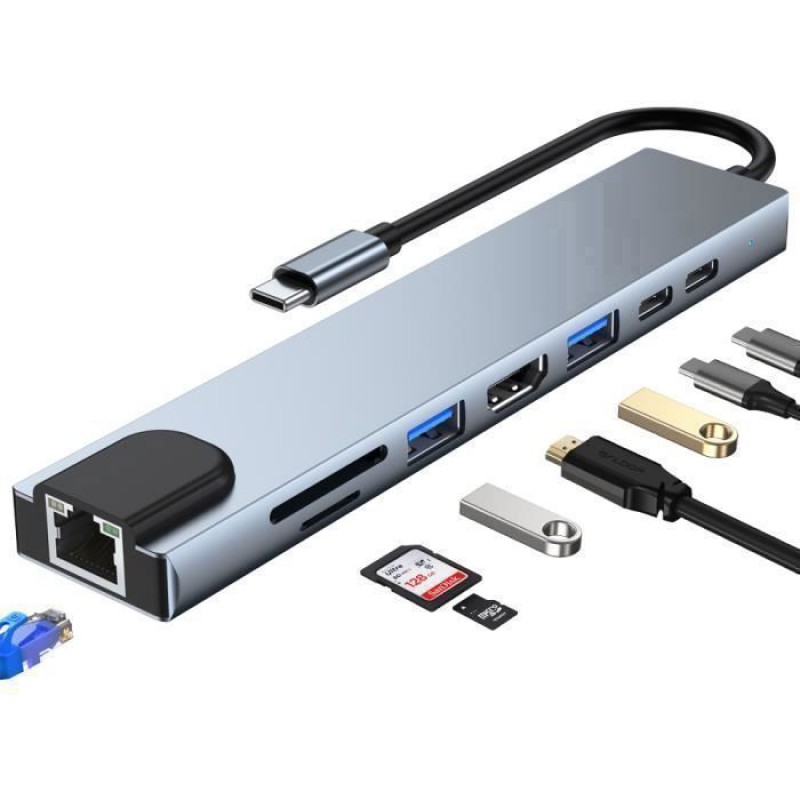 Usb-c-hub, 8-in-1-usb-c-adapter Mit Hdmi 4k/30hz, 100w Pd, Usb-c 2.0-anschluss, Usb 3.0- Und Usb 2.0-anschluss, Sd/tf/sd-kartenleser, Grau