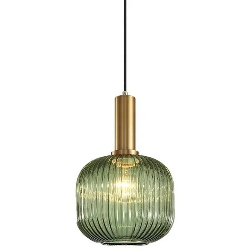 Ineasicer – Suspension Luminaire Industrielle En Verre Vert 20cm – Douille E27 – Abat-jour Rayé – Support En Cuivre Doré – Câble Ajustable 1,2m