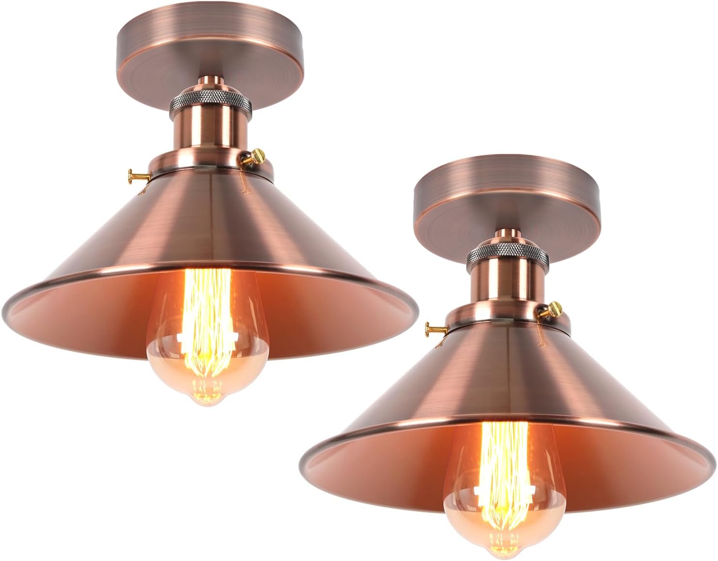 Set Mit 2 Industrie-deckenleuchten – 2 Stück – Gebürstetes Eisenmetall – Vintage-design E27 – Küche Und Wohnzimmer – 22 Cm Kupfer