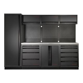 Kraftwerk 4-Element-Schrankwand mit Vierkantlochwand Länge 2640 mm rostfreien Arbeitsplatte