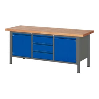 STIER Höhenverstellbare Werkbank Premium mit 3 Schubladen und 2 Flügeltüren BxTxH 2000x700x840-1040mm