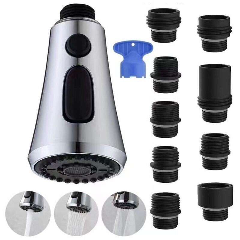 Extractible Douchette Evier Cuisine, Mitigeur Cuisine Avec 9 Adaptateurs, Douchette À 3 Fonctions De Jet Compatible Avec Les Robinets G1/2,chrome