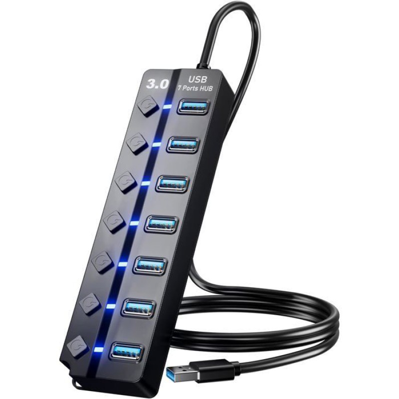 7-in-1 Usb 3.0 Power-hub, Mehrere Anschlüsse Für Pc, Datenübertragung Und Laden, Schalter Und Led-leuchte, 120 Cm