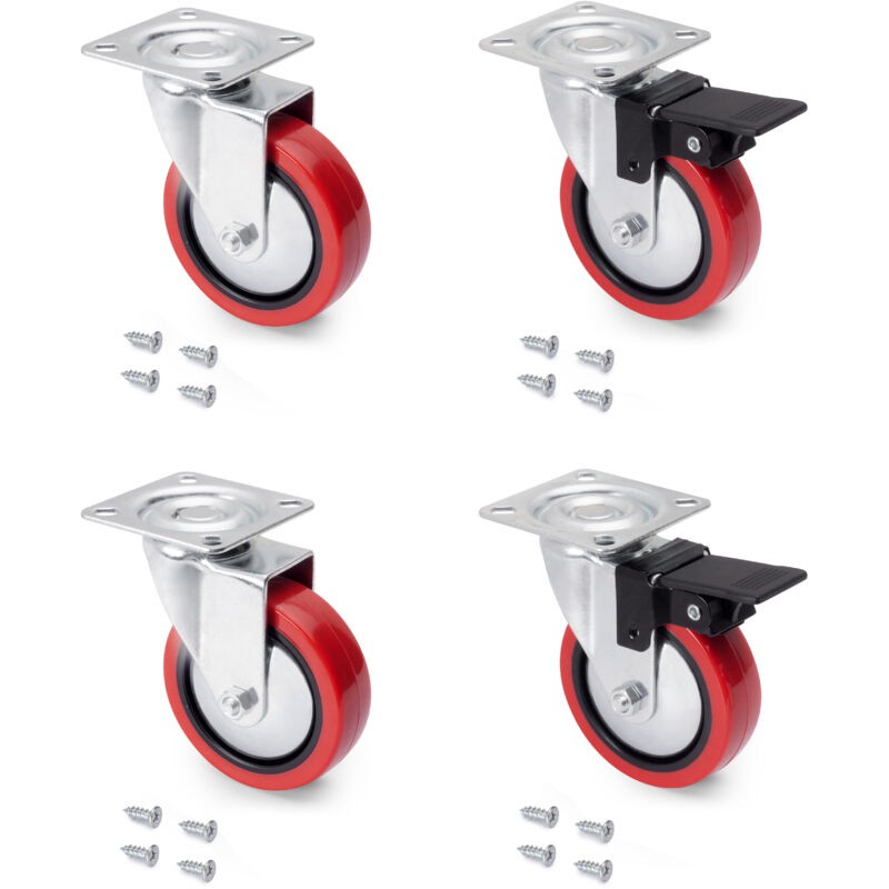 Emuca 4er-set Rote Slip 2-lenkrollen Mit Montagesatz, 75 Mm Durchmesser, Stahl Und Kunststoff