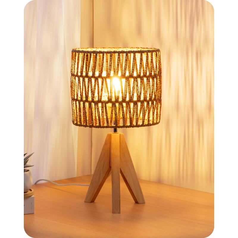 Nachttischlampe H36 Cm, Tischlampe, E27-leuchtmittel 2700k Inklusive, Handgewebter Seillampenschirm, Holzfuß