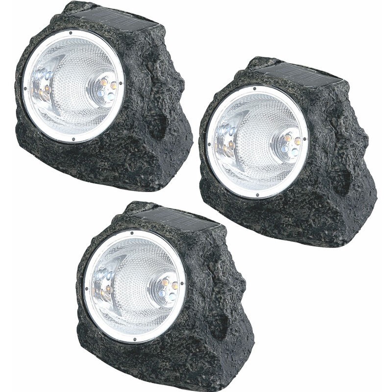 Set Aus 3 Solar-led-gartenstrahlern, Selbstaufladende Außenbeleuchtung In Steinoptik Mit Solardesign.