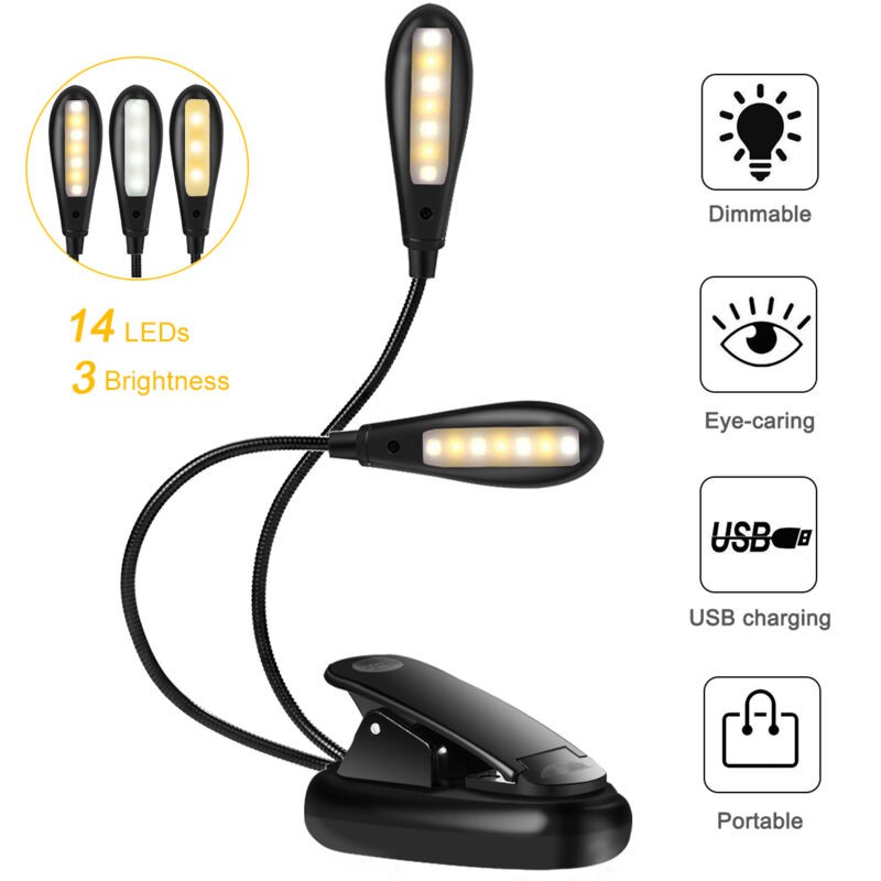 Leselampe, 14 Leds, Usb-wiederaufladbar, Flexible Klemm-leselampe