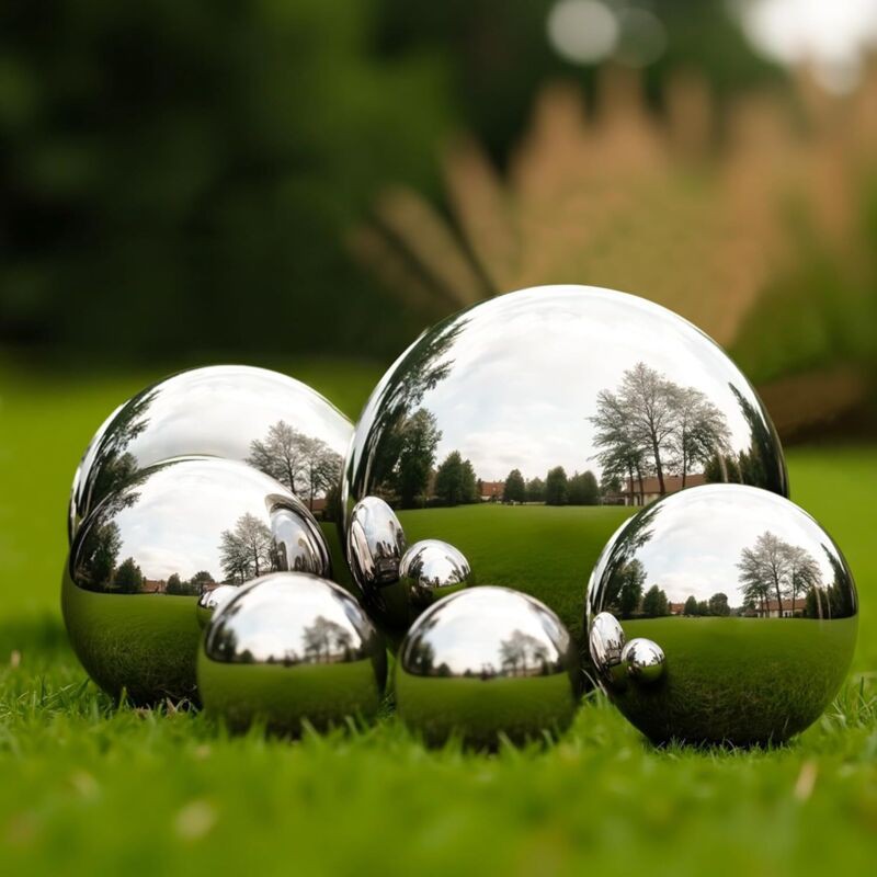 Set Mit 6 Facettierten Edelstahlkugeln (50–150 Mm) – Für Die Gartendekoration, Reflektierende Stahlkugeln Für Die Inneneinrichtung Und Teichgestaltung