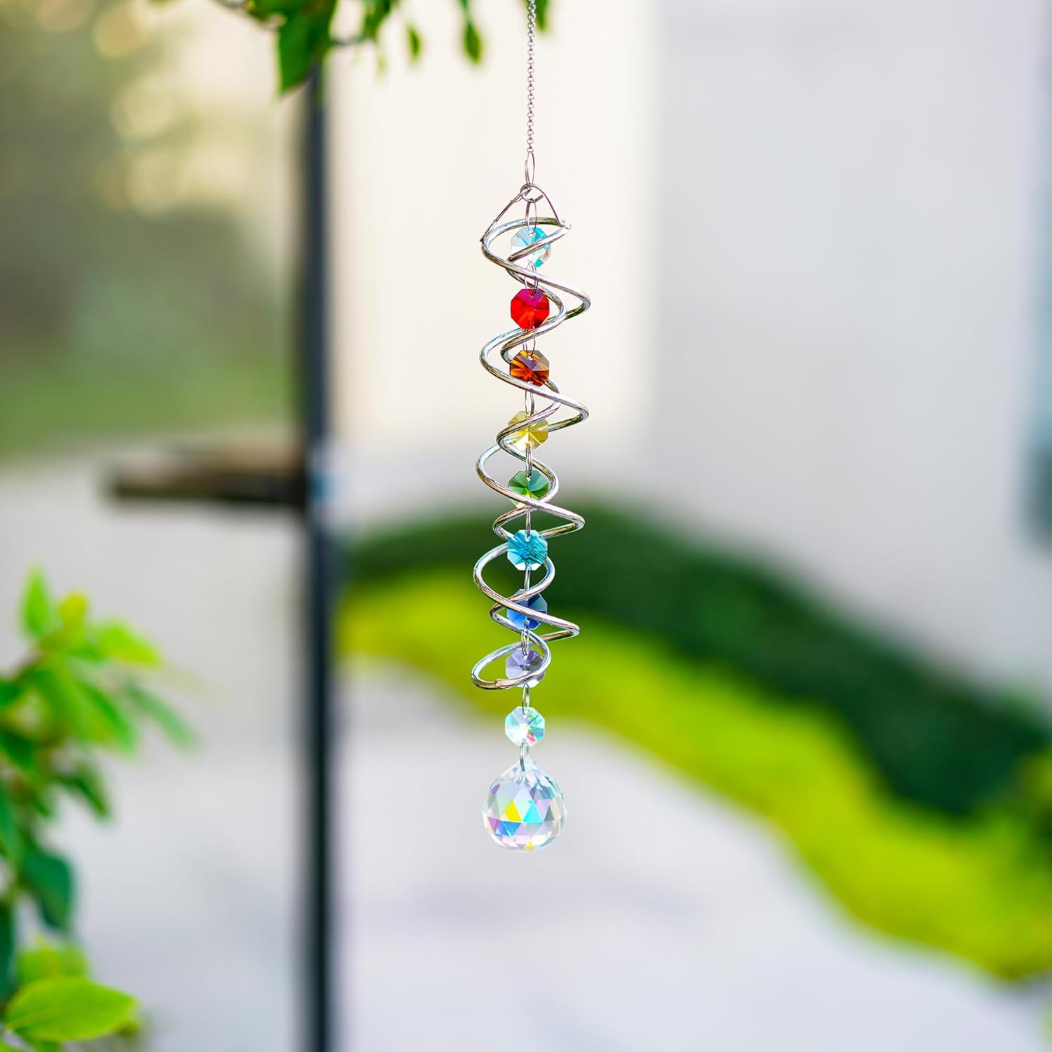 Attrape-soleil Arc-en-ciel En Cristal Jeiibrzui - Carillon À Double Spirale - 45 Cm - 1 Pièce - Cristal Bleu Mer - Décoration De Jardin Et De Fenêtre