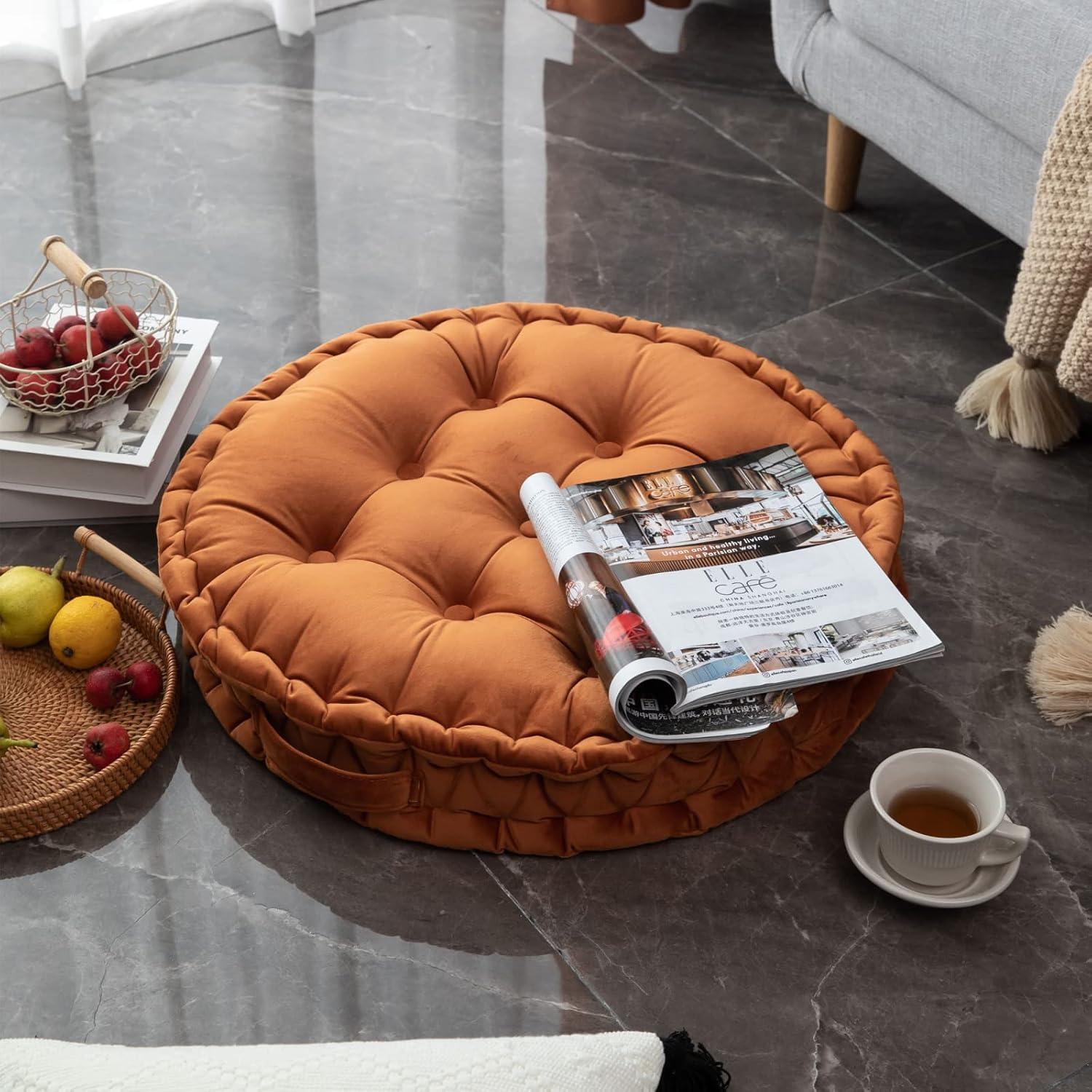 Coussin De Sol Rond Jeiibrzui - 60 Cm - 1 Pièce - Velours Gris Hollandais Pour Salon, Chambre, Yoga Et Méditation
