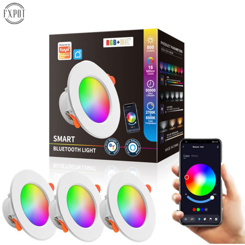 Lot De 3 Spots Encastrés Intelligents Bluetooth Tuya Rgbcw, Couleurs Variées, Intensité Variable, Compatibles Avec Alexa Et Commande