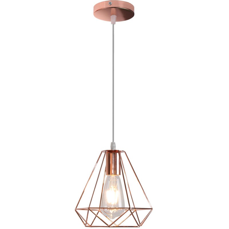 Lampe Suspension Cage Forme Diamant Contemporain Lustre Abat-jour Or Rose Pour Salon Cuisine Salle À Manger