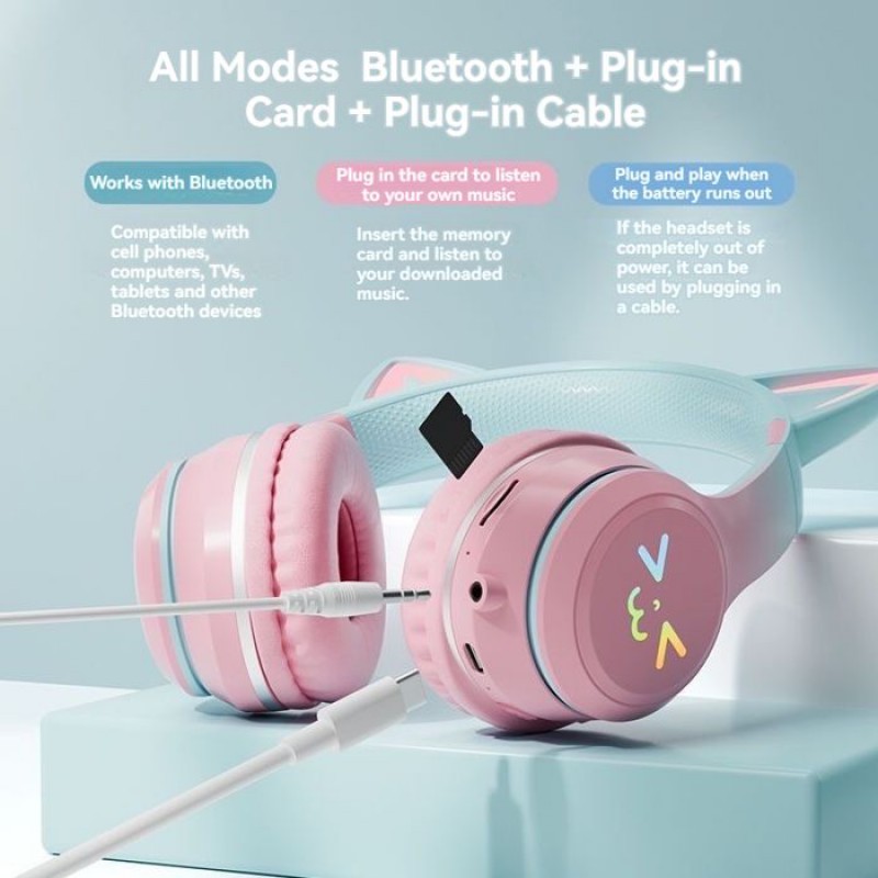 Kabellose Rgb-led-kopfhörer In Katzenohrenform, Bluetooth 5.3, Sport-/gaming-mp3-kopfhörer Mit Mikrofon, Beleuchteter Gamer-style