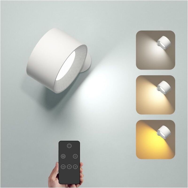 Applique Murale Intérieure Avec Télécommande – 3 Niveaux De Luminosité – 3 Modes De Couleur – Rotation 360° – Installation Sans Vis