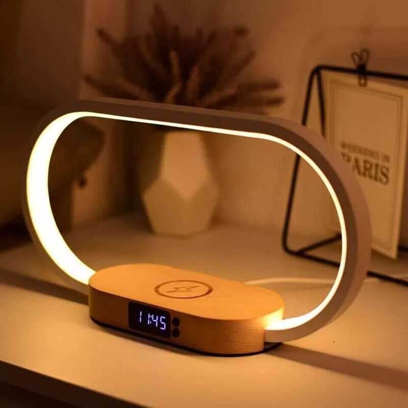 Lampe De Chevet Avec Chargeur Sans Fil Rapide 10 W, Horloge, Port Usb, Lampe De Table De Chevet, Gradation Continue, 3 Modes De Couleur