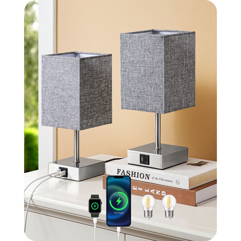 2pcs Lampe De Table Avec Ports Usb A+c, Lampe De Chevet Tactile, Ampoule E27 Led Fournie, 3 Intensités, Abat-jour Gris