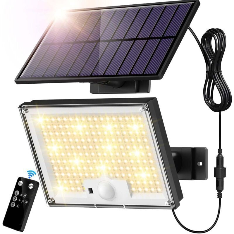 Lampe Solaire Extérieure 172 Led – 3 Modes D'Éclairage – Indice Ip65 – Câble De 5m – Zone D'Éclairage 40m² – Détecteur De Mouvement 120°