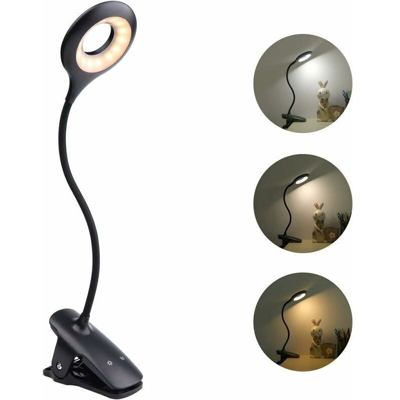 Lampe De Chevet Usb Rechargeable Sans Fil, Lampe De Lecture Tactile Noire, 3 Couleur Et 3 Intensité Variable, Lampe De Lecture Avec Pince Pour Lire