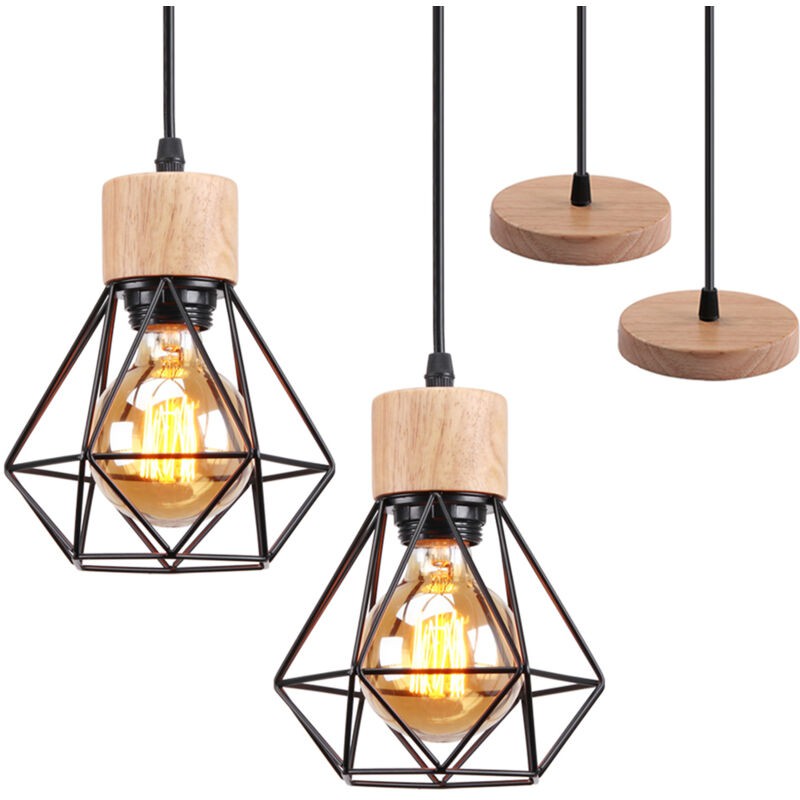 Stoex – Lot De 2 Lustres Suspension Industriel Vintage – Métal Et Bois – Douille E27 – Cage Diamant Rétro Pour Salon, Chambre, Cuisine, Restaurant
