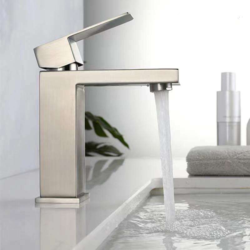 Robinet Mitigeur Lavabo Nickel Brossé – Bec Droit Plat – Mélange Eau Chaude Et Froide – Design Moderne Pour Salle De Bain