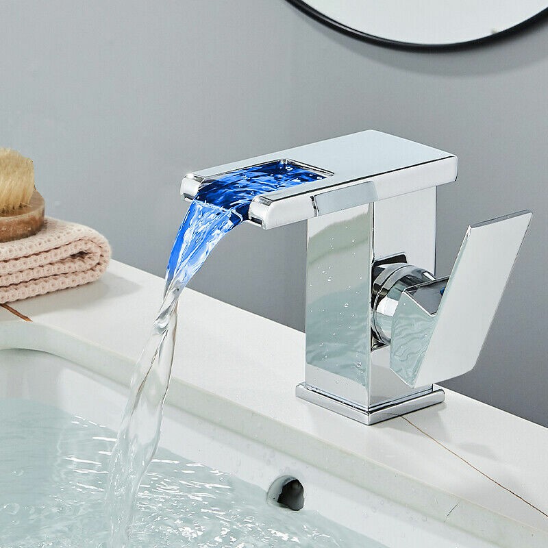 – Mitigeur De Lavabo Led Monocommande – Bec Cascade En Laiton Chromé – Installation Facile Avec Écrou En Cuivre – Pour Salle De Bain Moderne