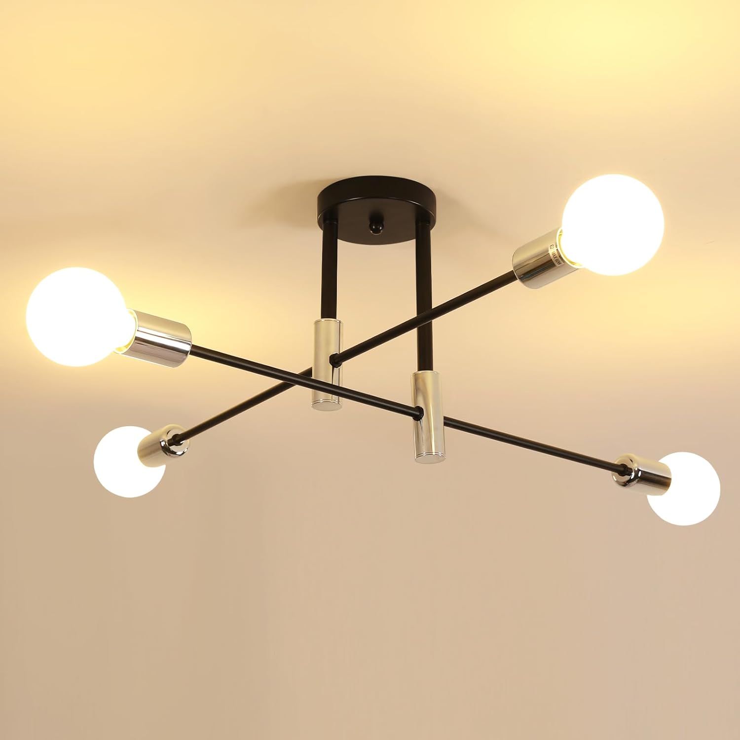 Industrielle 4-flammige Deckenleuchte – Schwarz Und Chrom – Retro-sputnik-stil – Innenbeleuchtung – Wohnzimmer, Küche, Schlafzimmer – 71 X 71 X 32 Cm