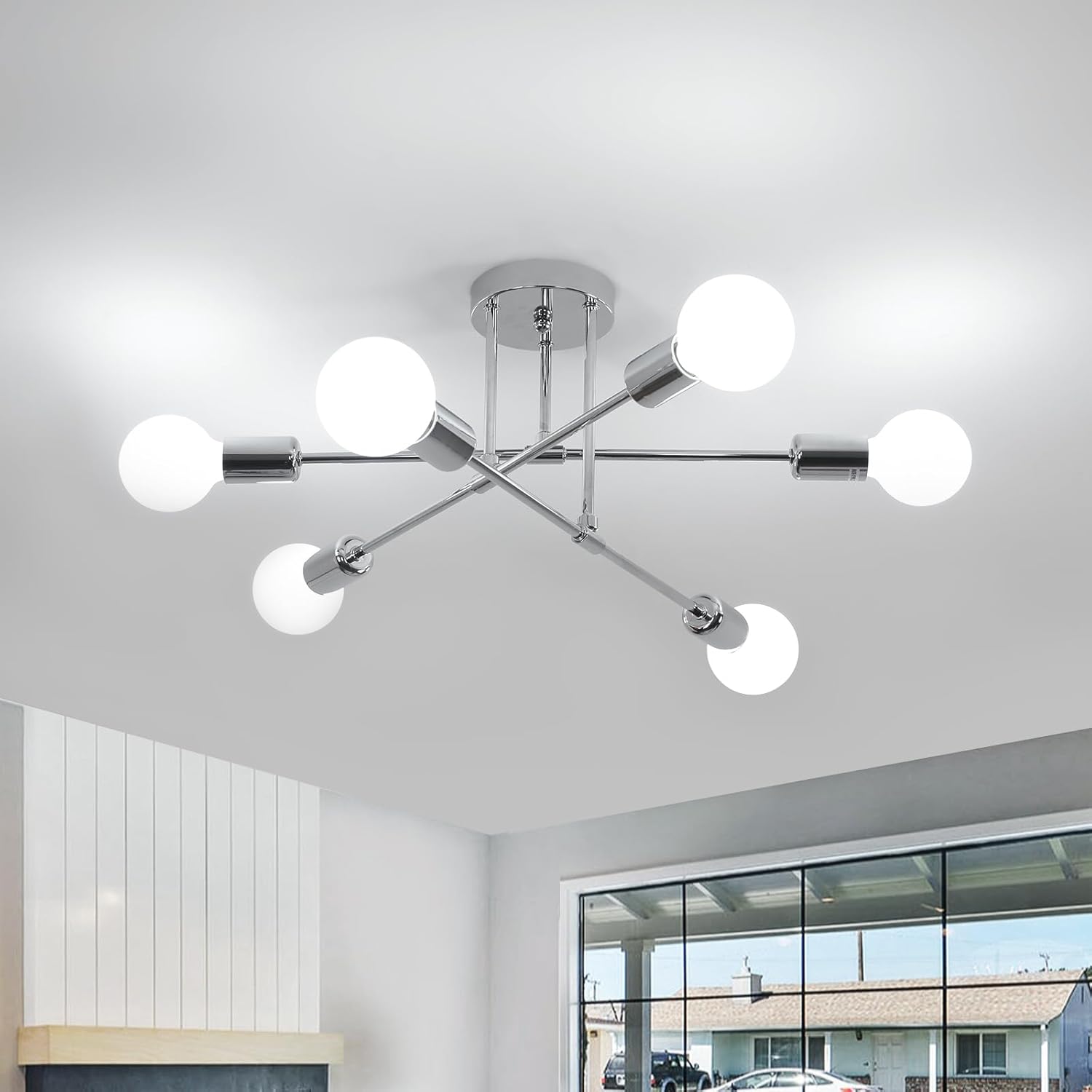Industrielle 6-flammige Deckenleuchte – Chrommetall – Verstellbare Arme – Retro-stil – Für Wohnzimmer Und Küche – 52 X 52 X 24 Cm