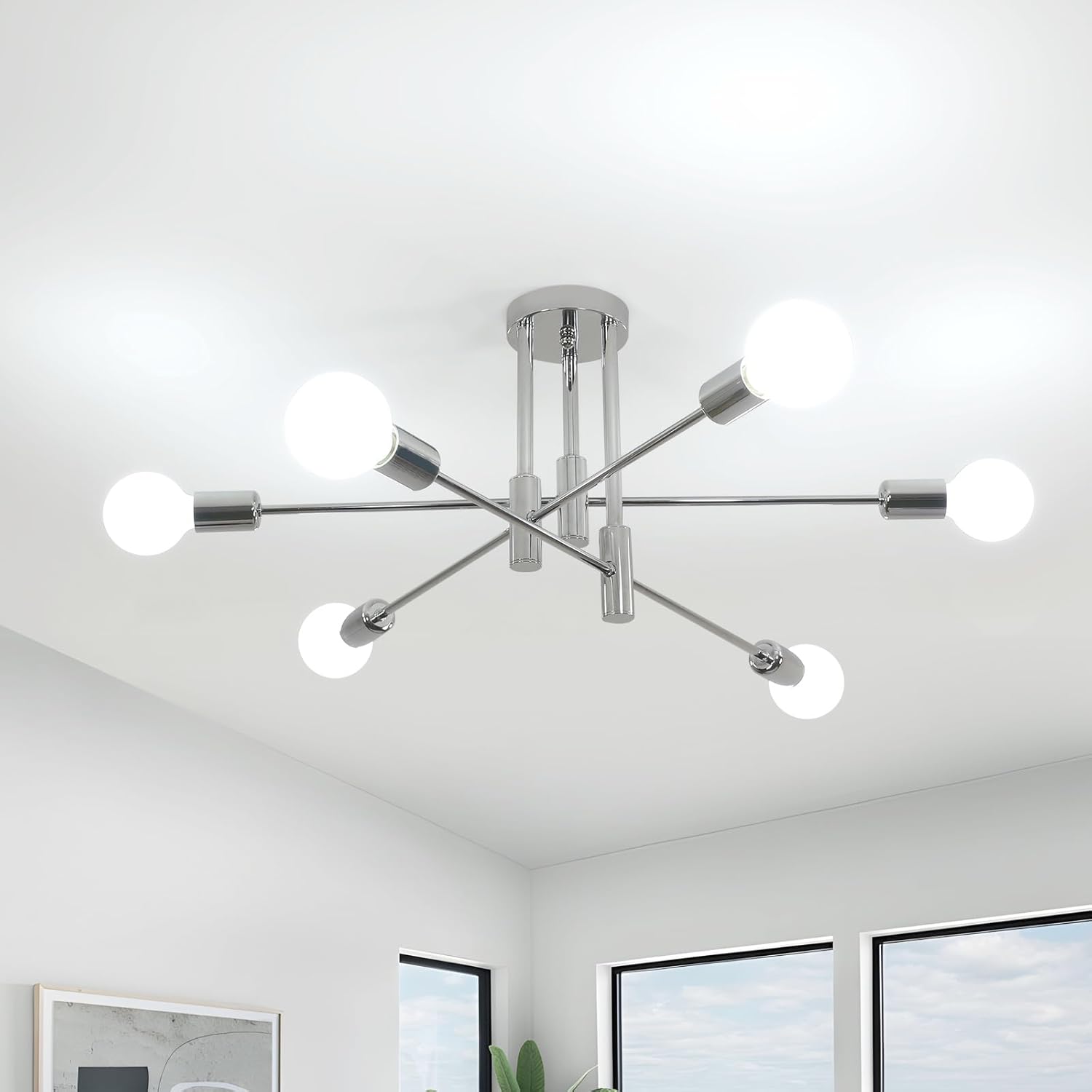 Sputnik Industrie-kronleuchter – 6-flammig – Chrommetall – Selbstverstellbare Arme – Wohnzimmer, Schlafzimmer, Küche – Durchmesser 72 Cm