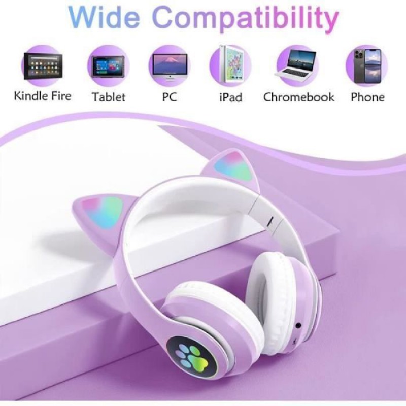 Kabellose Bluetooth-kopfhörer Für Kinder – Unbekannte Marke – Niedliches Katzenohren-design – Lila – Bluetooth 5 Kopfhörer Mit Mikrofon