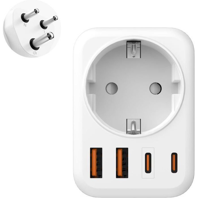 5-in-1-reiseadapter – Typ D – 1x Netzanschluss – 2x Usb-c – 2x Usb-a – 2500 W – 7 X 7 X 5 Cm