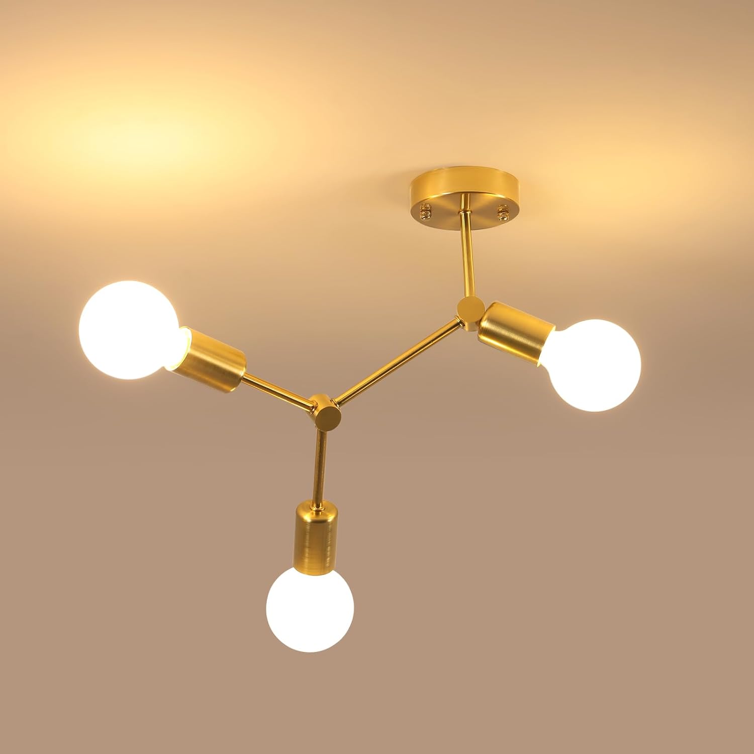 Sputnik 3-flammiger Kronleuchter – Goldfarbenes Metall – Retro-design, Verstellbar – Innenbeleuchtung – Wohnzimmer, Schlafzimmer, Küche – 34 X 28 X