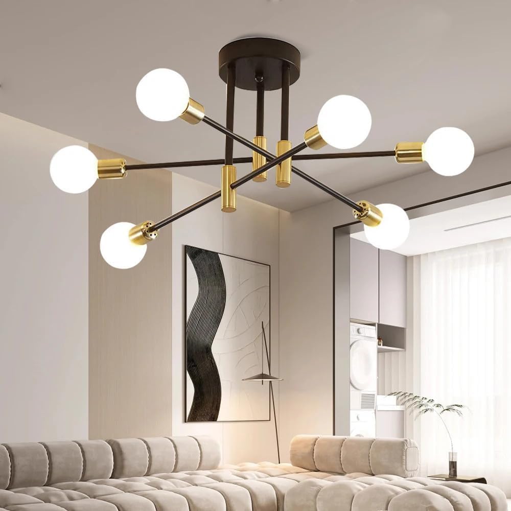 Industrieller Kronleuchter Mit 6 Leuchten – Schwarz-goldenes Metall – Verstellbares Sputnik-design – Für Wohnzimmer, Küche, Esszimmer – Durchmesser