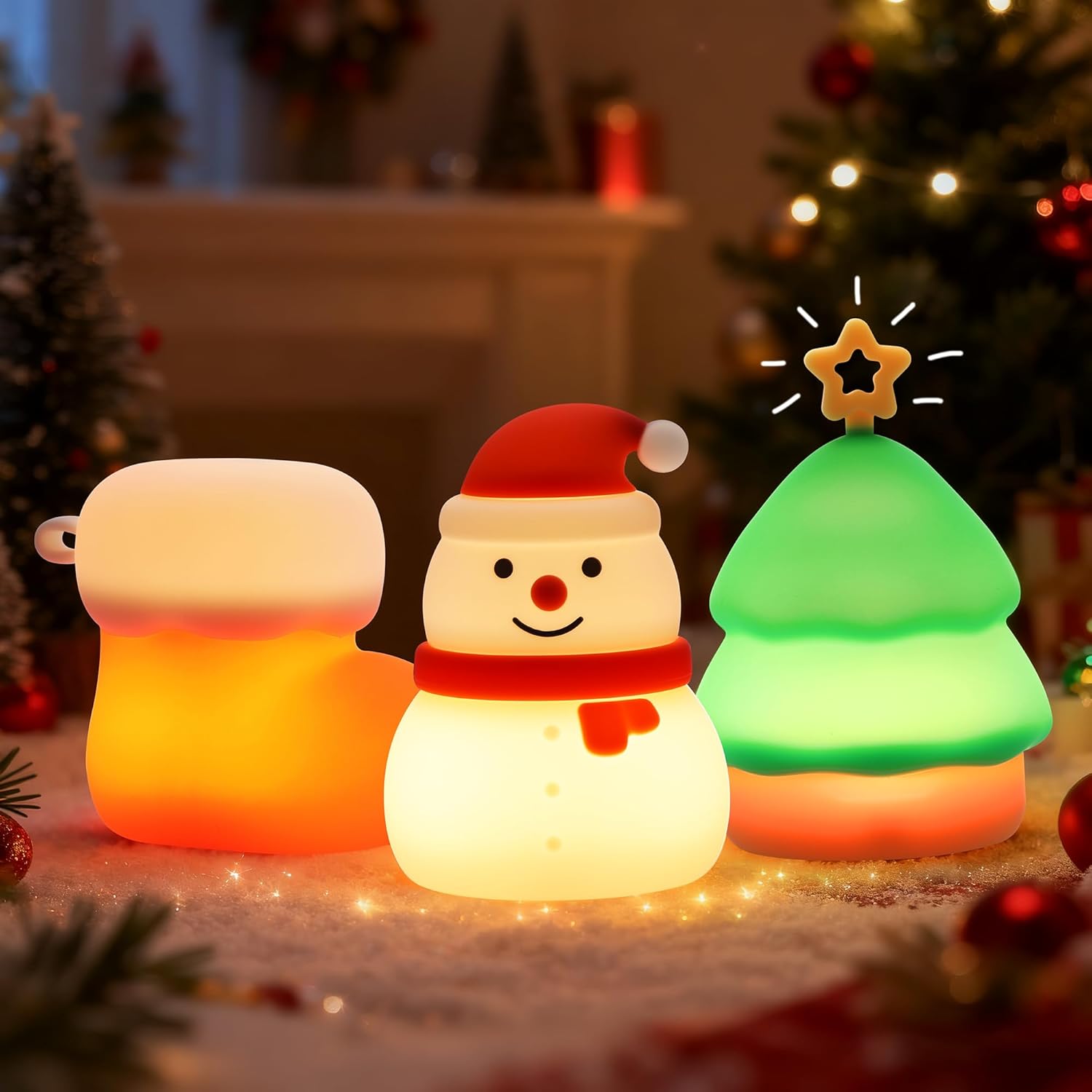 Set Mit 3 Silikon-weihnachtslichtern – Schneemann Mit Stiefeln Auf Einem Weihnachtsbaum – Mehrfarbiges Licht, Usb-aufladbar – Dekoration Für