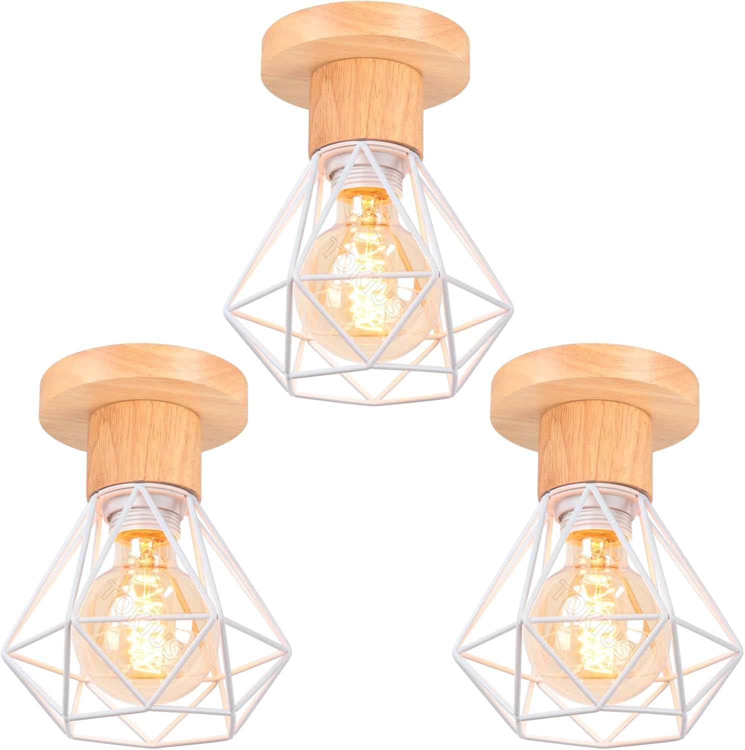 Vintage-deckenleuchte – 3er-set – Metall Und Holz – Retro-industriedesign – Wohnzimmer, Küche, Schlafzimmer – Ø 16 Cm