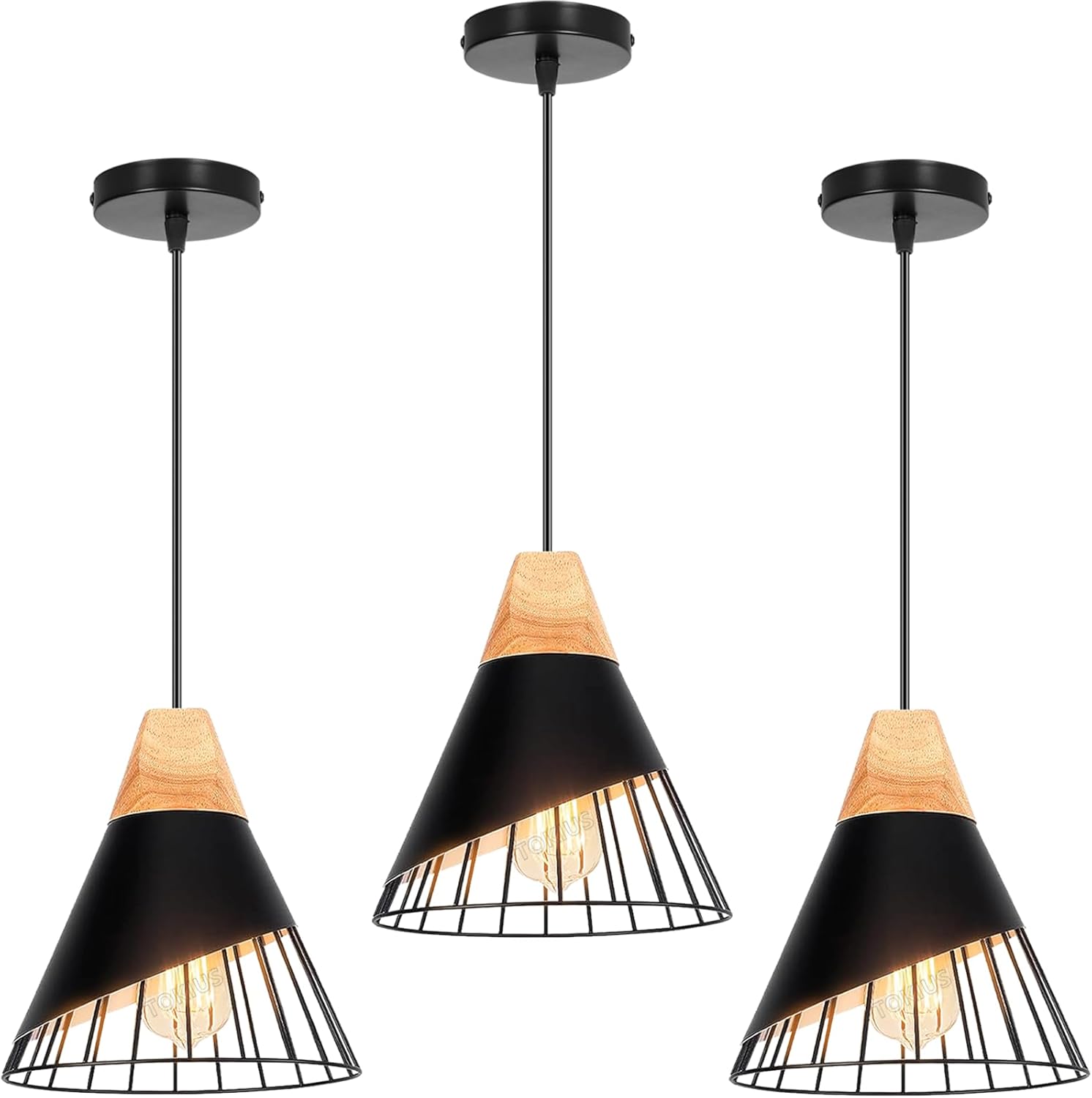 Set Mit 3 Industriellen Pendelleuchten – Holz Und Metall – Vintage-käfigdesign – Verstellbare Innenbeleuchtung – Für Küche, Wohnzimmer, Schlafzimmer