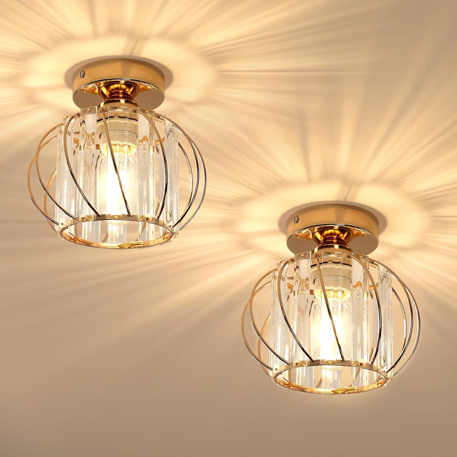 Goldene Kristall-deckenleuchte – 2er-set – Metall Und Glas – Intensive Dekorative Beleuchtung – Wohnzimmer, Schlafzimmer, Flur – Elegantes Modernes