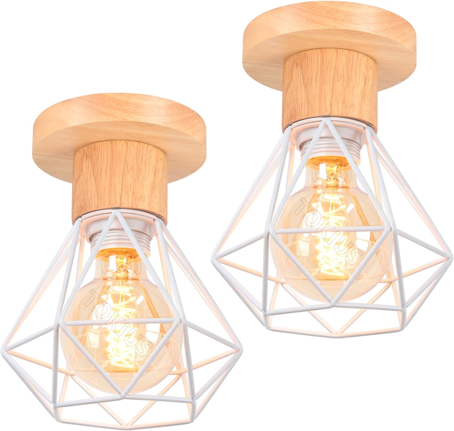Industrielle Pendelleuchte – 2er-set – Metall Und Holz – Retro-diamantdesign – Wohnzimmer, Küche, Schlafzimmer – Ø 16 Cm, Schwarz