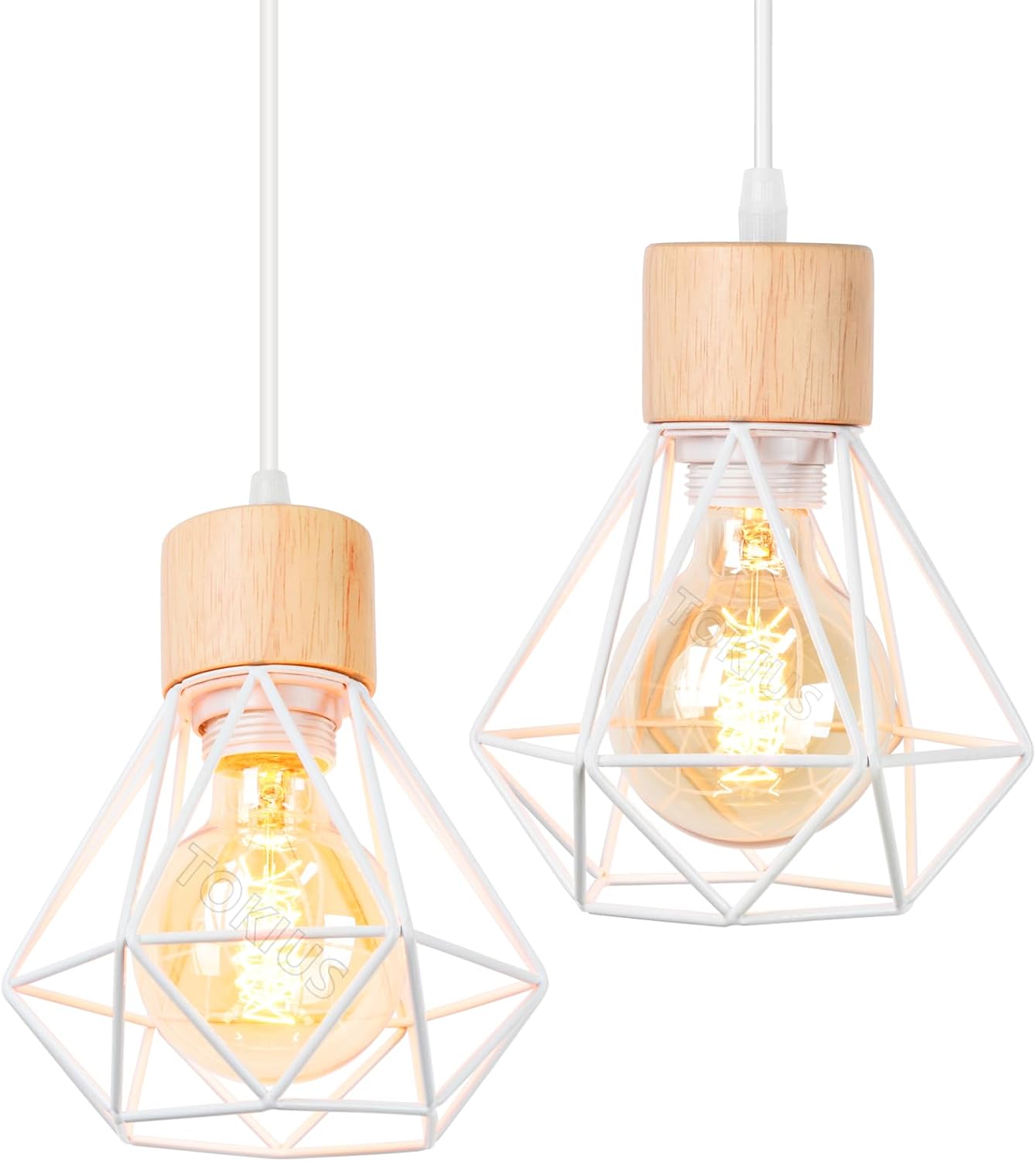 Industrielle Pendelleuchte – 2er-set – Metall Und Holz – Vintage-diamantkäfig-design – Wohnzimmer, Küche, Schlafzimmer – Ø 16 Cm