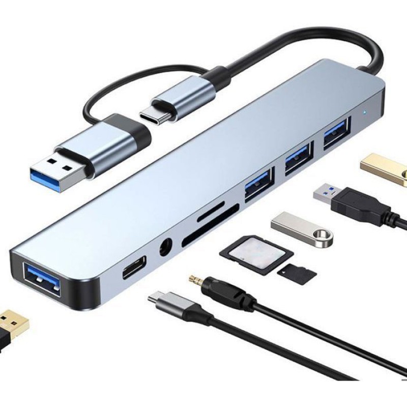 Usb-c-hub – 8-in-1 – Aluminium – 4 Usb-anschlüsse – Sd/tf-kartenleser