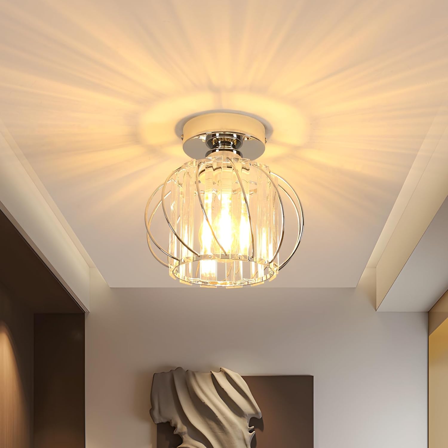 Moderne Kristall-deckenleuchte – 1 Stück – Verchromtes Eisen Und Kristall – Elegante Ambientebeleuchtung – Wohnzimmer, Schlafzimmer, Flur – 19 X 19 X