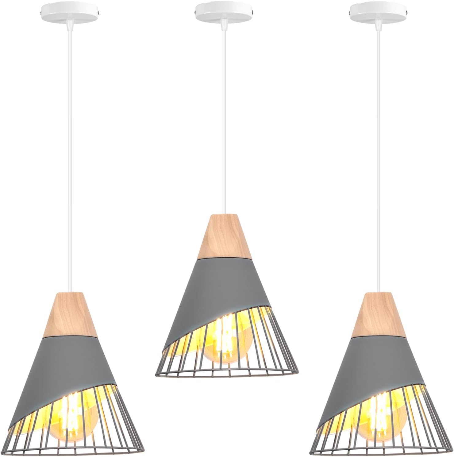 Industrielle Pendelleuchte – 3er-set – Metall Und Holz – Vintage-käfigdesign – Für Küche Und Wohnzimmer – Schwarz Oder Weiß Ø 25 Cm