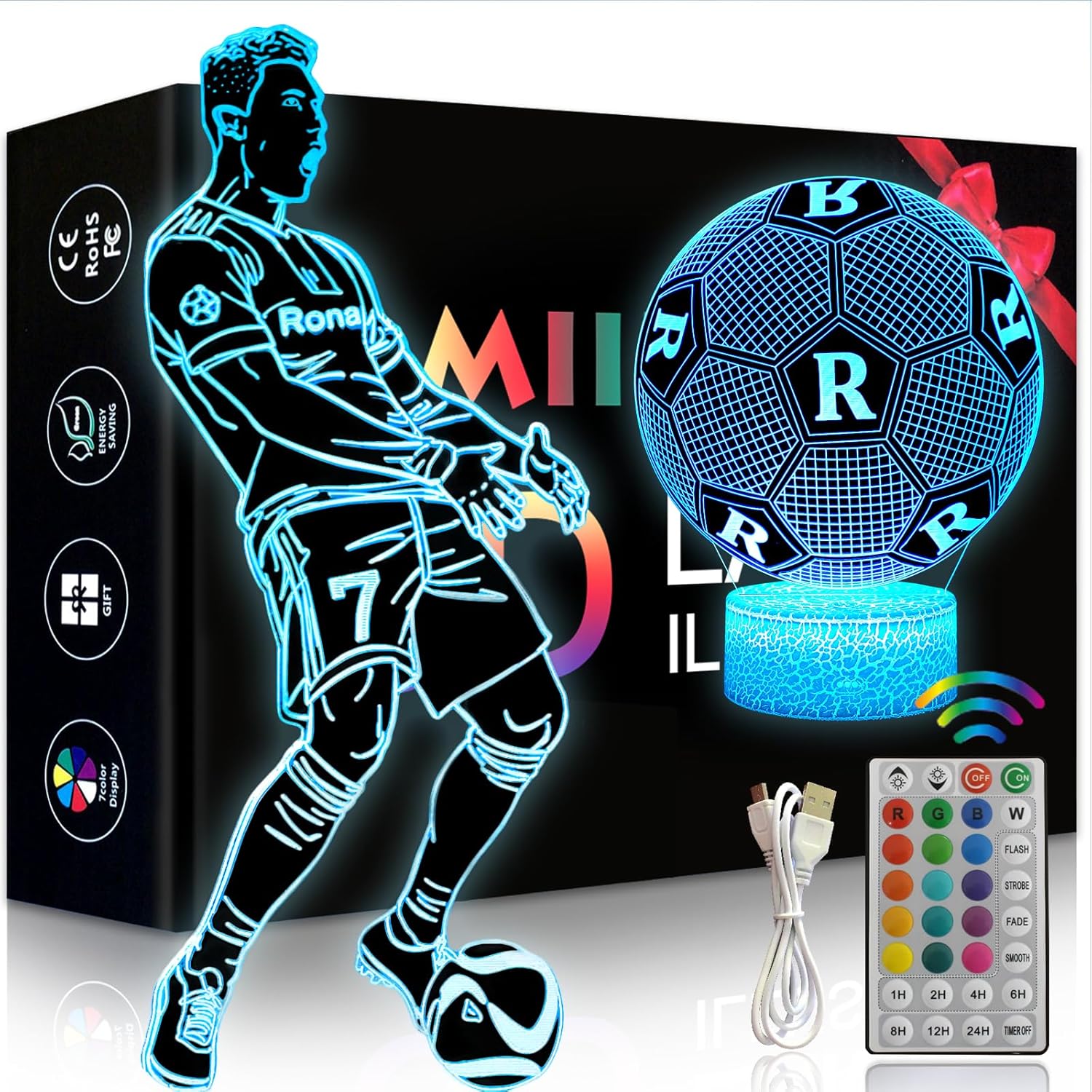 Set Mit 2 3d-led-fußball-nachtlichtern – 16 Farben Mit Fernbedienung – Kinderzimmerdekoration – Geschenk Für Jungen Von 3–12 Jahren – Sportliches