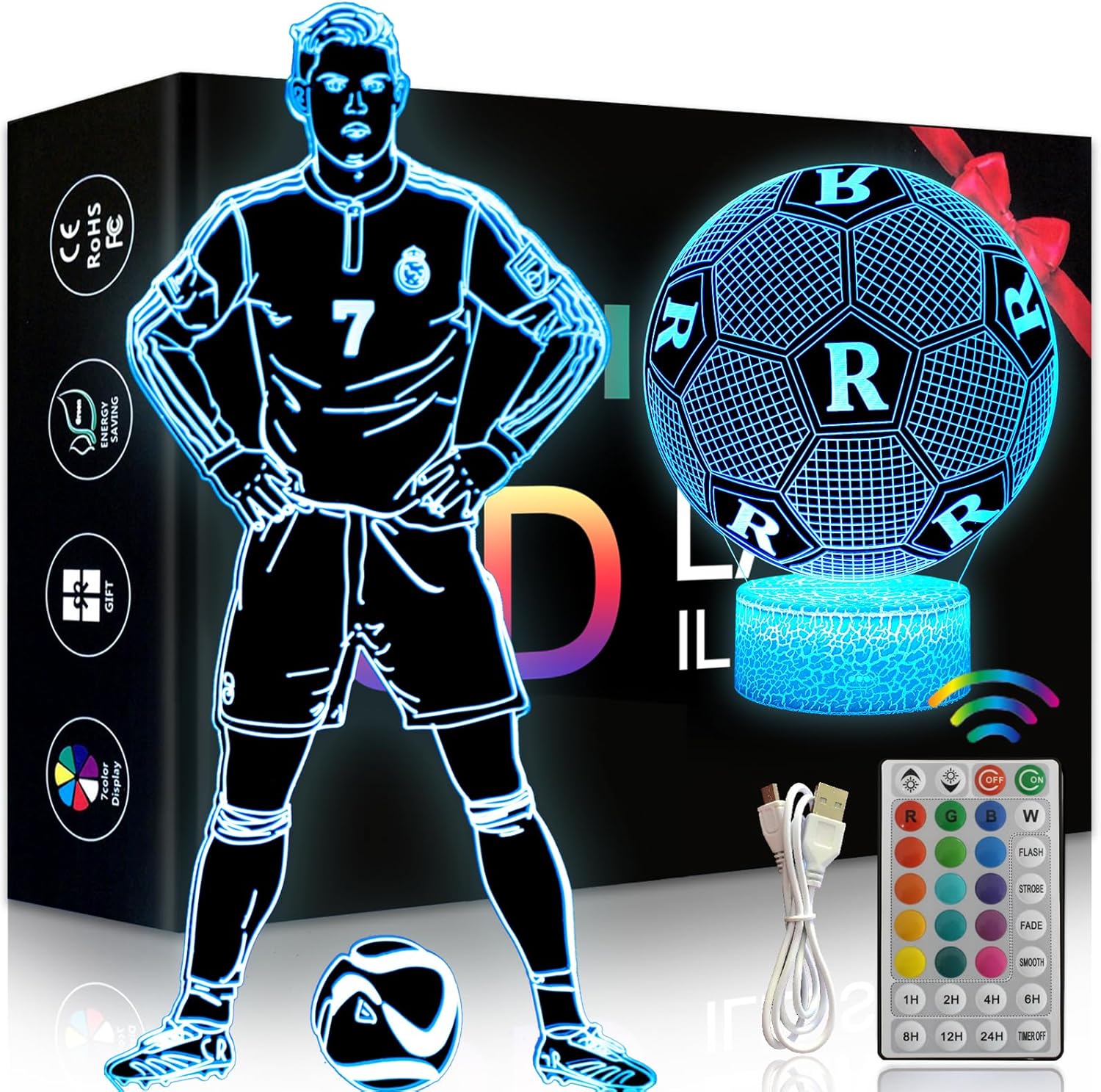 3d-fußball-nachtlicht – 2er-set – Acryl Und Abs – 16 Farben Und Fernbedienung – Kinderzimmerdekoration Für Fans – Geschenk Für Jungen Von 3–12 Jahren