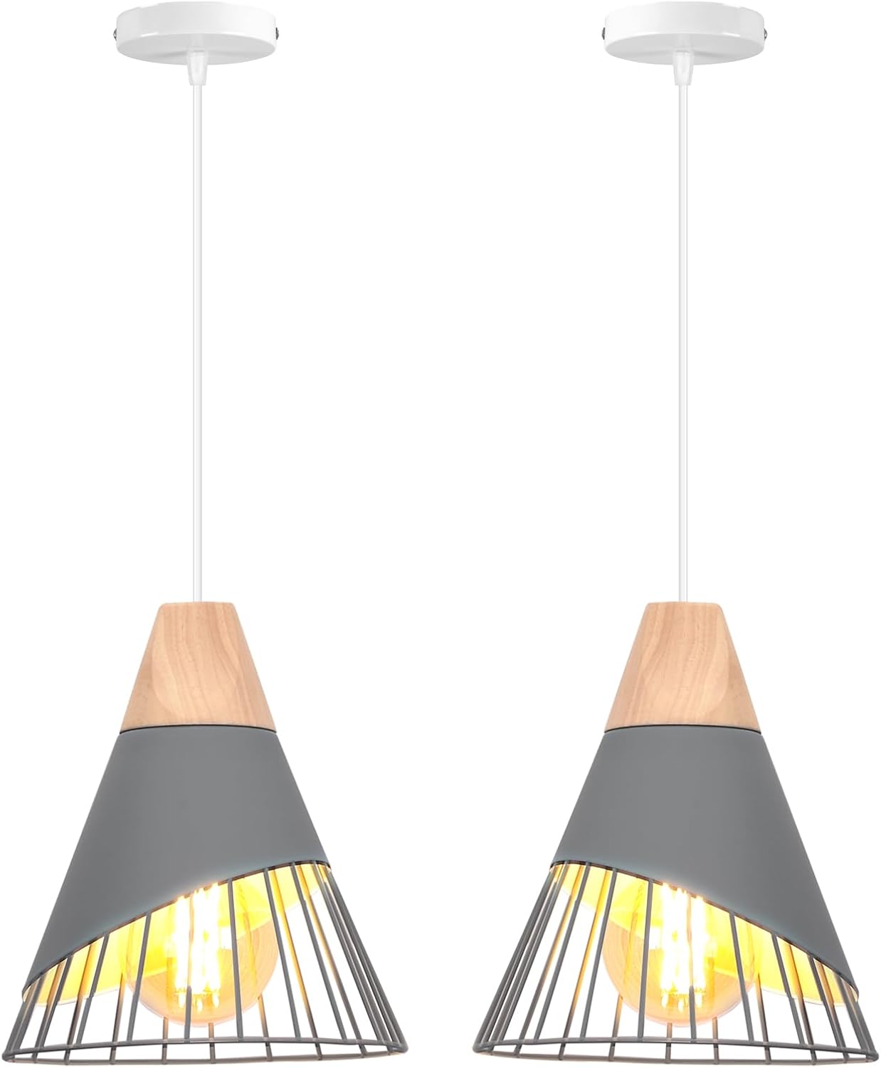 Industrielle Pendelleuchte – 2er-set – Metall Und Holz – Vintage-käfigdesign – Für Küche Und Wohnzimmer – Schwarz Oder Weiß, Ø 25 Cm