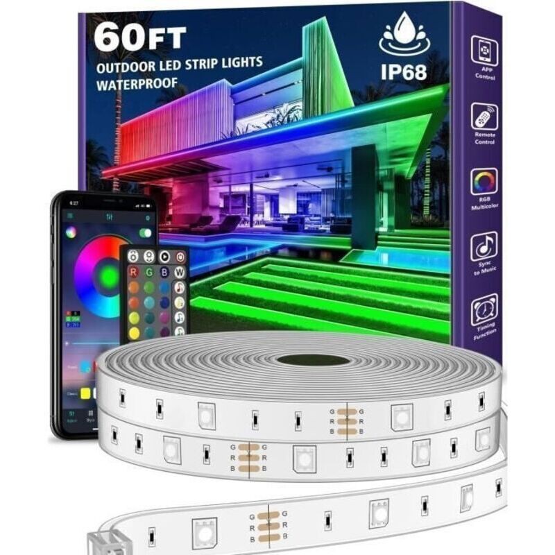20m Ruban Led Exterieur Étanche Avec Télécommande Et App Bluetooth, Synchronisation De La Musique, Pour Balcon,toit,jardin, Piscine