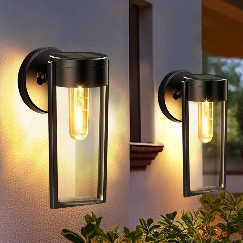 2 Pack Applique Murale Exterieur Solaire, Ip65 Etanche Lampe Murale, Blanc Chaud Luminaire Exterieur Avec Abat Jour, Appliques Murales Pour Patio