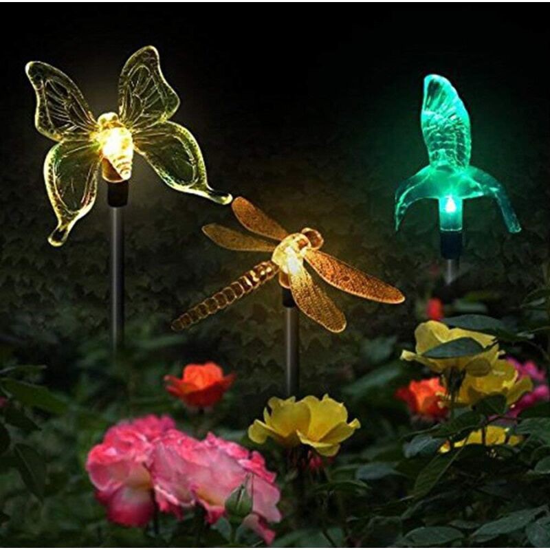 Lot De 3 Lampes Solaires De Jardin Papillon Pour Extérieur, Colibri, Papillon, Libellule, Piquet De Jardin Solaire, Lumières De Jardin À Led