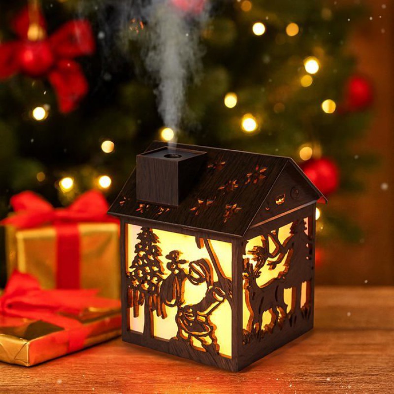 Luftbefeuchter Aus Holz Mit Kaltvernebelung, Weihnachtsmann-silhouette Und 7-farbiger Led-beleuchtung, Usb-betrieben, Geräuschloser Automatischer