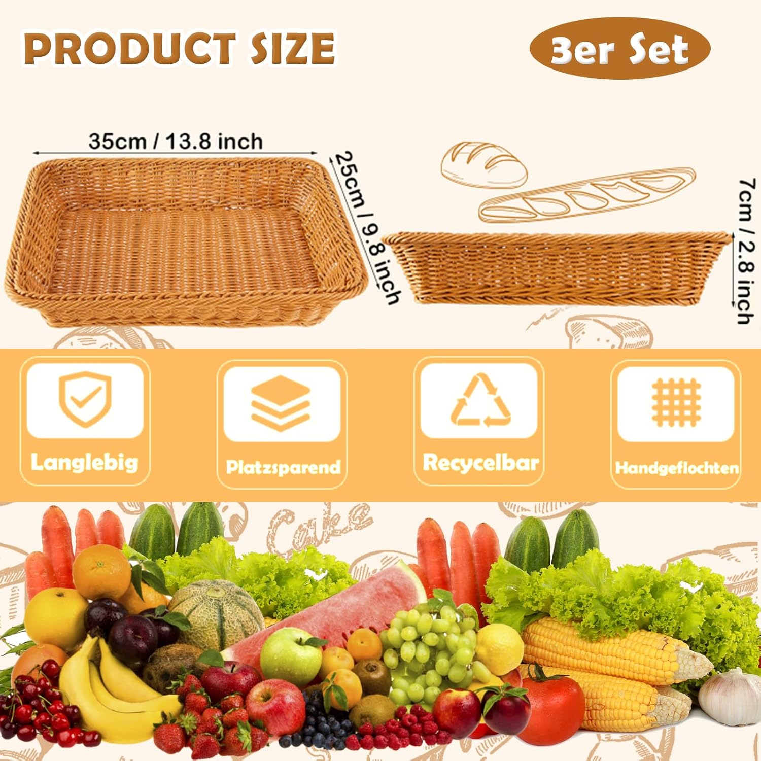 Ensemble De 3 Paniers À Pain En Rotin Naturel Jeiibrzui Avec Doublure En Coton, Style Scandinave, Pour La Cuisine Et La Table À Manger.