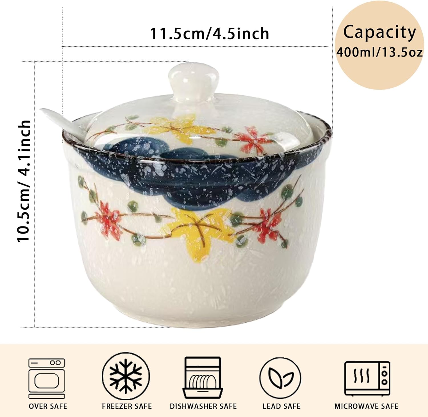 Pot À Épices En Céramique Jeiibrzui - 300 Ml - 1 Pièce Avec Couvercle Et Cuillère - Motif Floral Jaune - Idéal Pour Le Sucre, Le Sel Et Le Poivre -